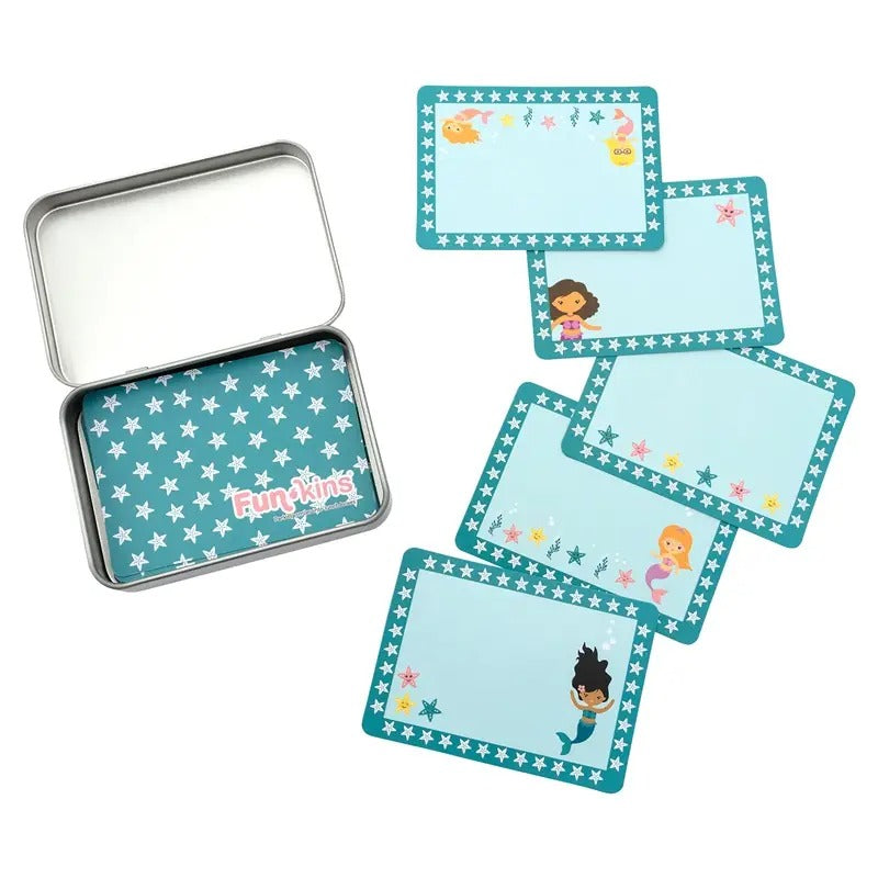 Funkins Lunchbox Note Cards in Teal with white star border and cartoon kids