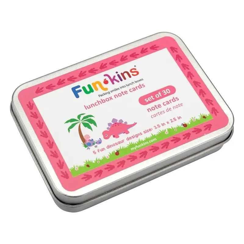 Funkins Lunchbox Note Cards in Pink Tin, set of 30 note cards with dinosaur designs