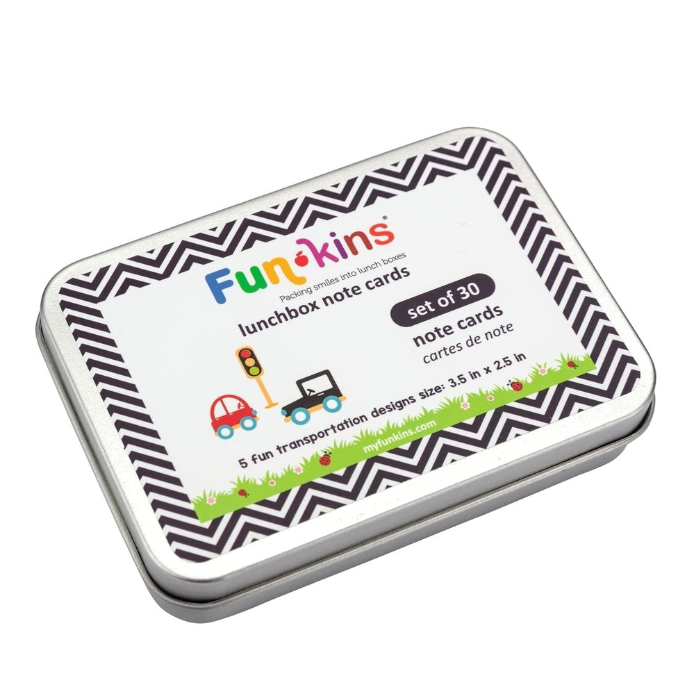 Funkins Lunchbox Note Cards in Silver Tin with black-and-white chevron border and colorful logo, set of 30 note cards