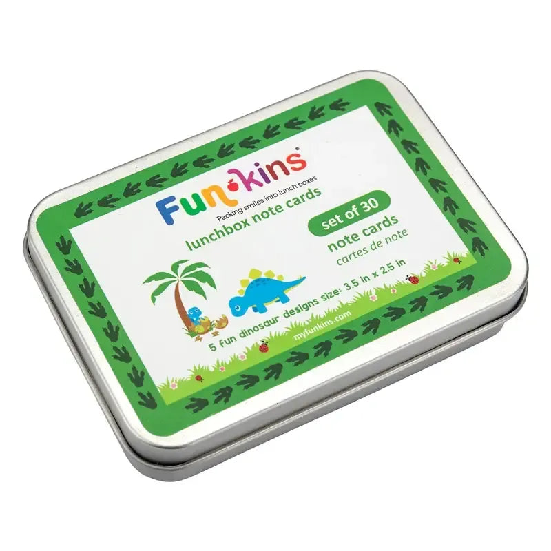 Funkins Lunchbox Note Cards in Green Tin with dinosaur and palm tree illustration