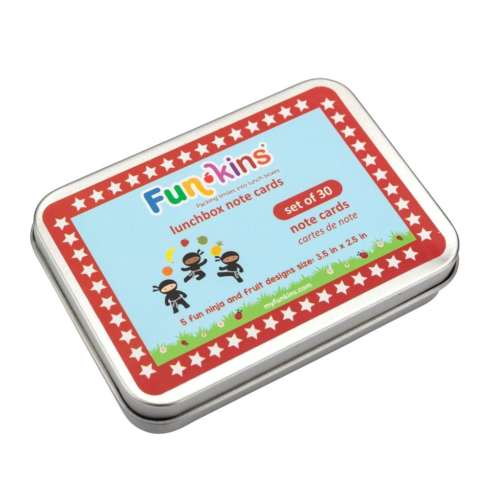 Funkins Lunchbox Note Cards in Tin Box with Red Star Border and Light Blue Label, Set of 30