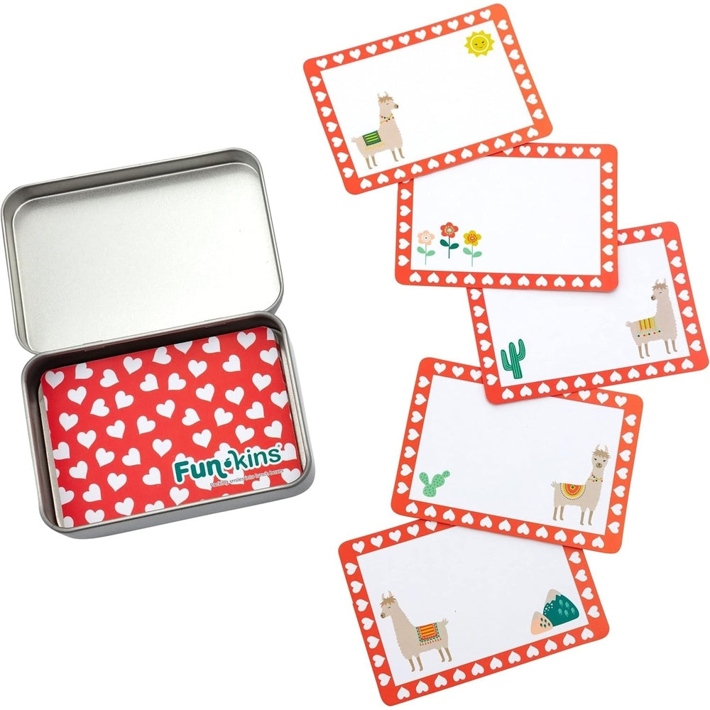 Funkins Lunchbox Note Cards in Red border with white hearts featuring llama, cactus, and flower illustrations