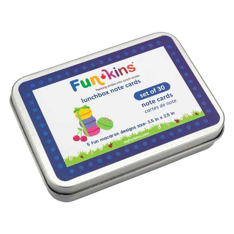 Funkins Lunchbox Note Cards Tin in blue polka-dot border