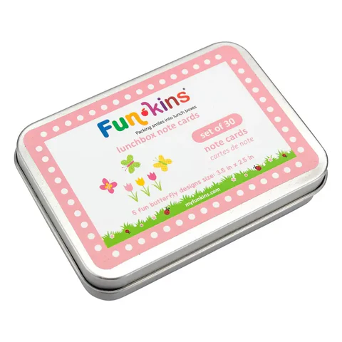 Funkins Lunchbox Note Cards Tin in Pink with dotted border and floral label.