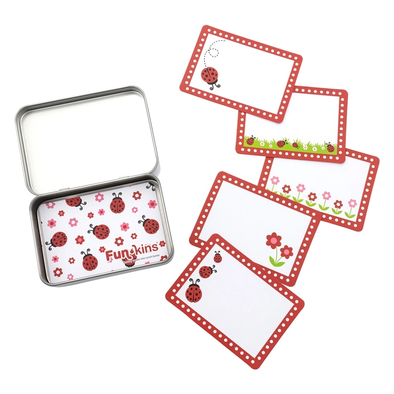 Funkins Lunchbox Note Cards Card Set in metal tin with red dotted-border note cards featuring ladybugs and flowers