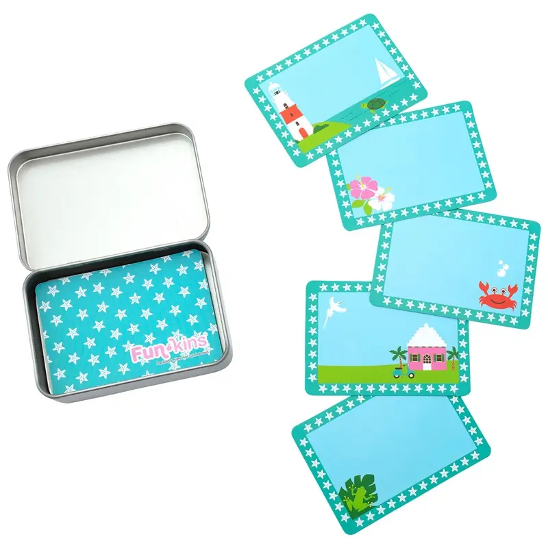 Funkins Lunchbox Note Cards in Blue with teal star-bordered edges and seaside illustrations