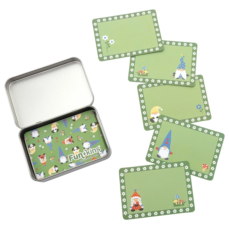 Funkins Lunchbox Note Cards in Green with white flower border and gnome illustrations