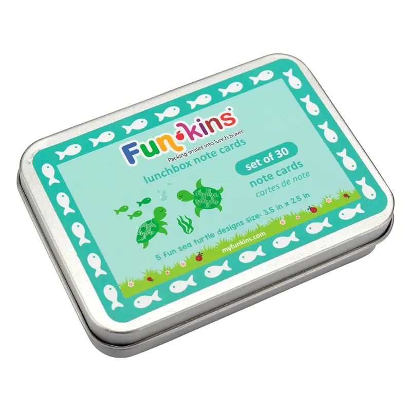 Funkins Lunchbox Note Cards in turquoise tin with white fish border, set of 30 note cards with sea turtle illustrations.