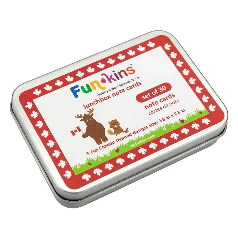 Funkins Lunchbox Note Cards Set in Red Tin with White Maple Leaf Border