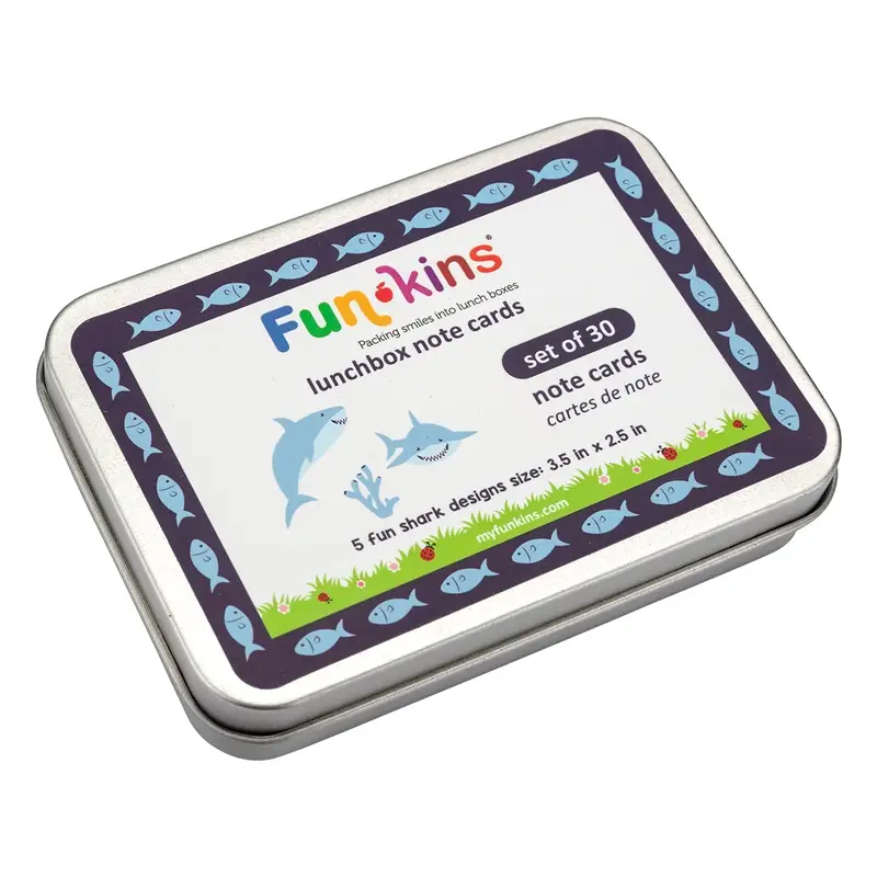 Funkins Lunchbox Note Cards in Silver Metal Tin with blue fish border and green grass accents