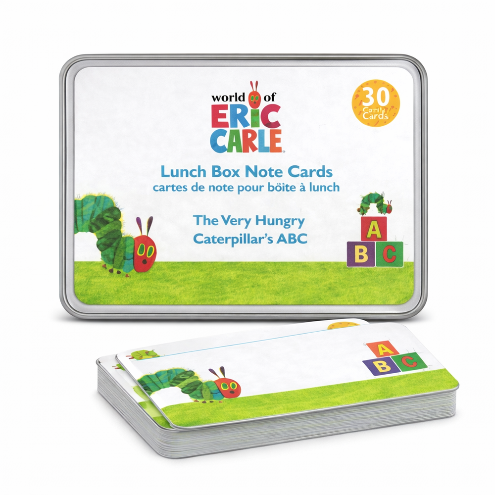 Funkins Lunchbox Note Cards in The Very Hungry Caterpillar's ABC design on a metal tin with green grass.