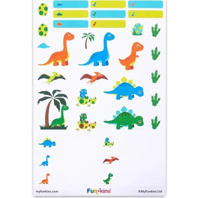 Funkins Peel&Stick Labels sheet with colorful dinosaurs and tropical plants, ready to peel and stick.