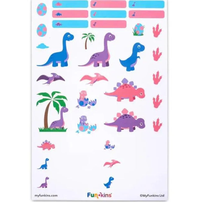 Funkins Peel&Stick Labels sheet with bright dinosaurs and palm trees, plus color strips ready to peel and stick.