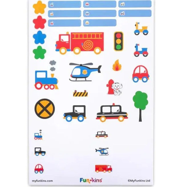 FUNKINS Peel&Stick Labels sheet featuring bright vehicle stickers-fire truck, helicopter, cars-ready to peel and stick.