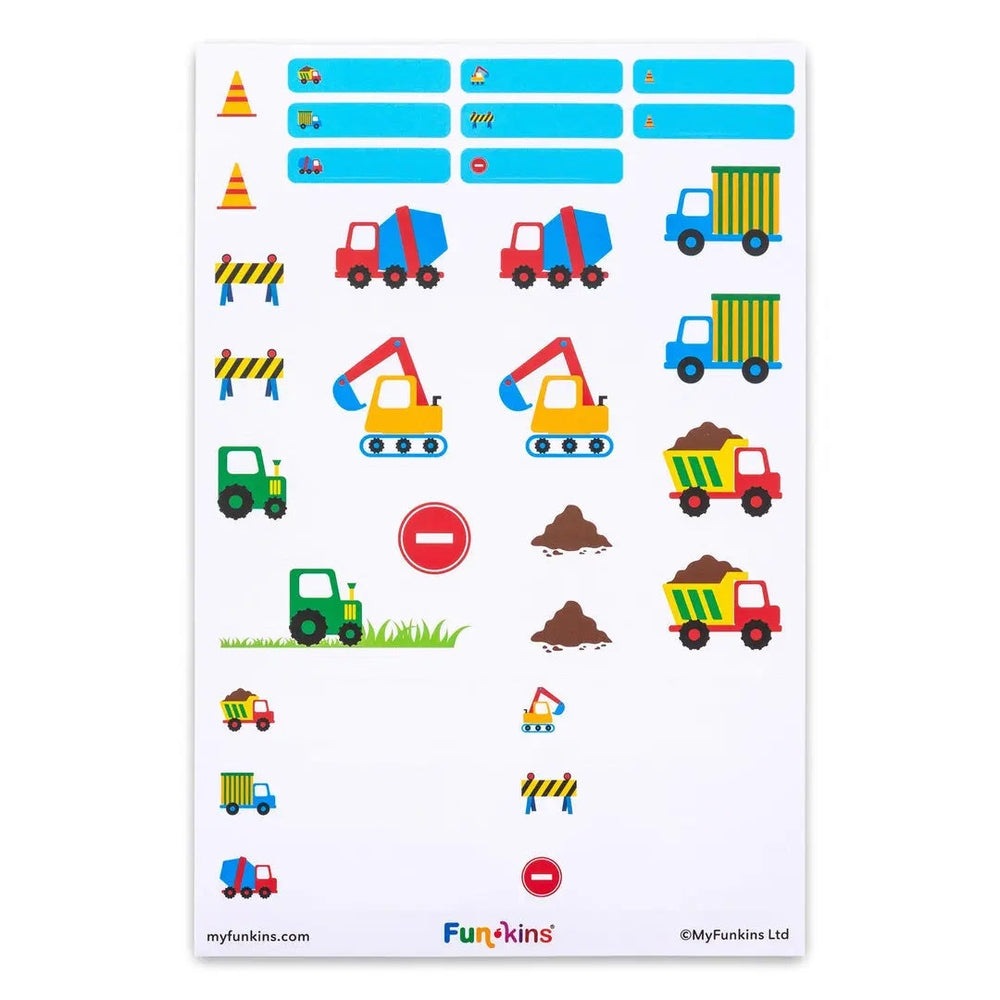 FUNKINS Peel&Stick Labels sheet with bright construction vehicles being peeled for sticking.