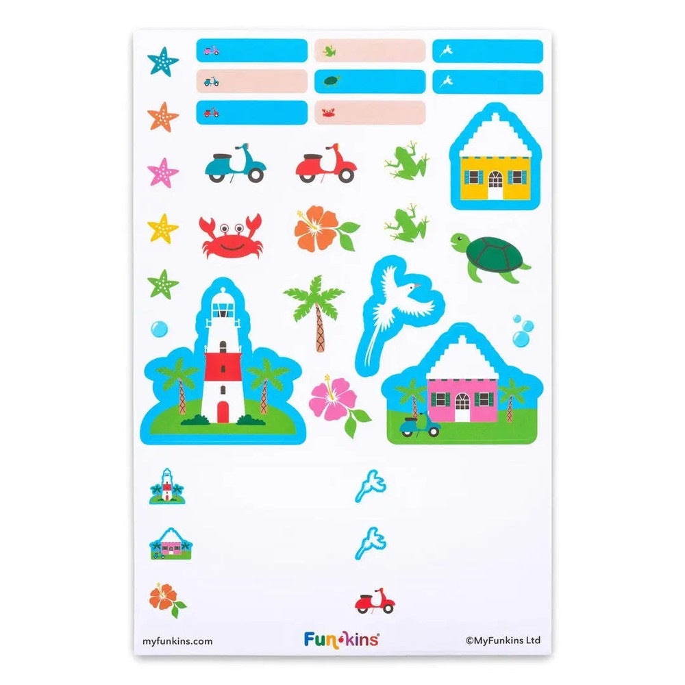 FUNKINS Peel&Stick Labels island sticker sheet shows lighthouses, houses and palm trees ready to peel and stick