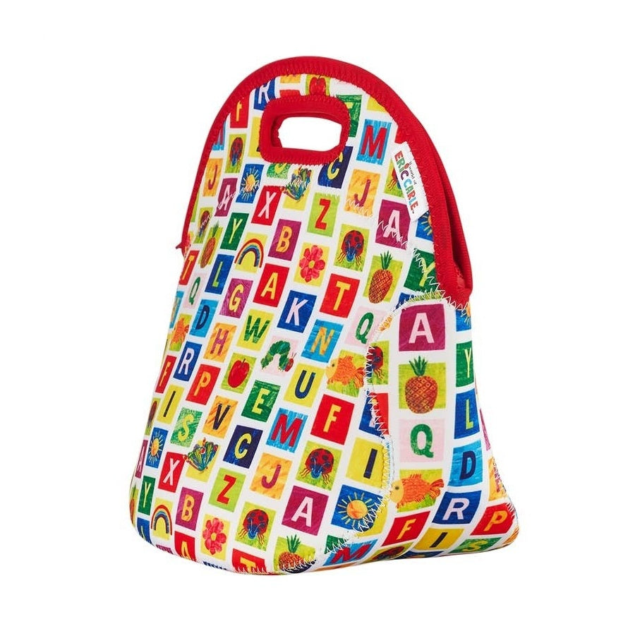 Colorful ABC blocks lunch bag with red zipper and handle.