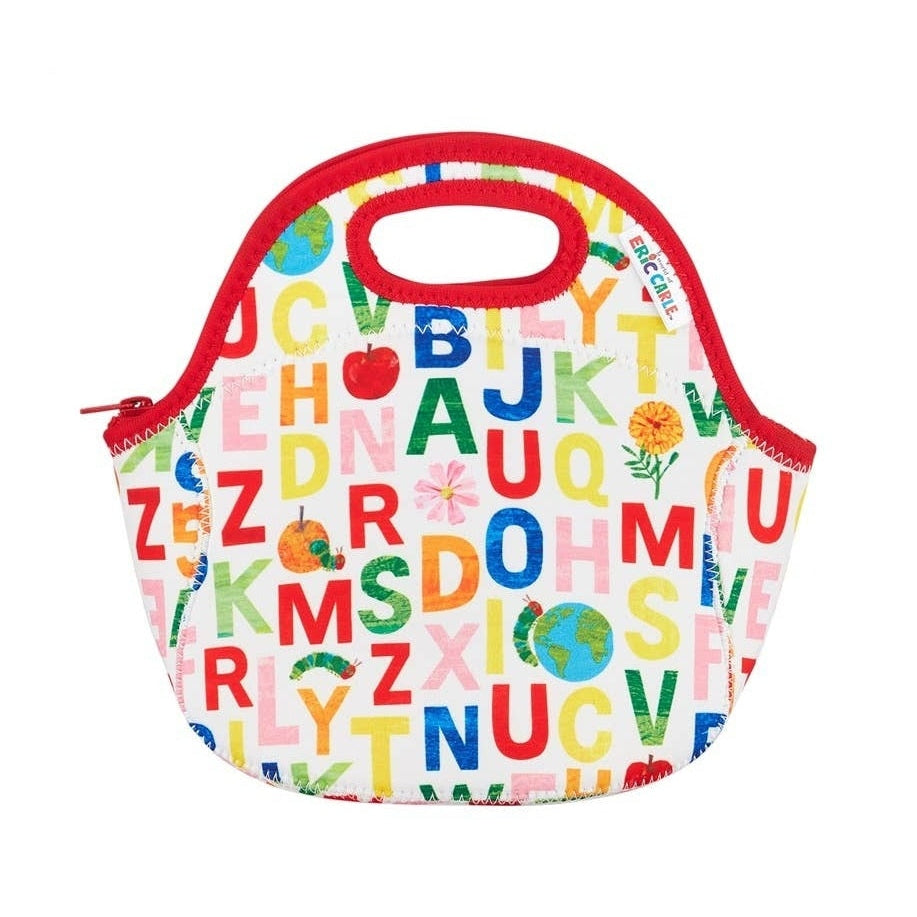 Alphabet-print insulated lunch bag with multicolor letters, red trim and built-in handle.
