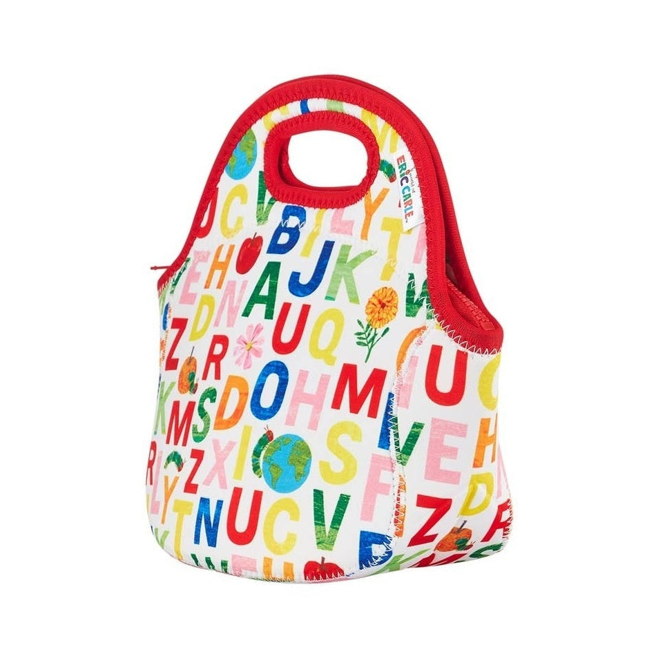 Kids lunch bag with red trim and top handle, white insulated fabric covered in colorful alphabet letters print.