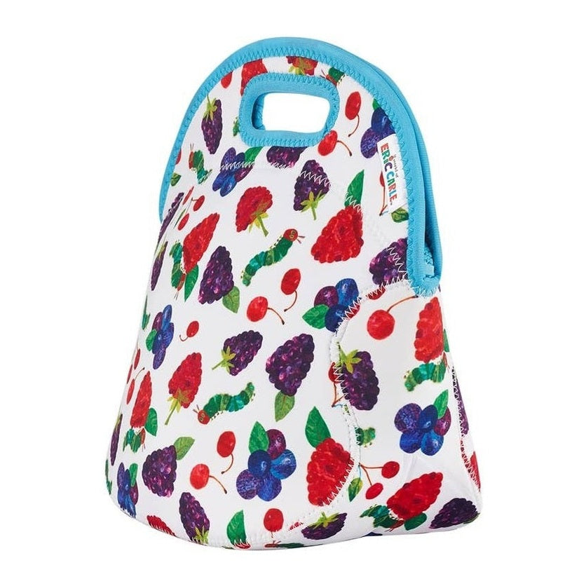 White lunch bag with colorful berry print and blue trim; top cut-out carry handle.