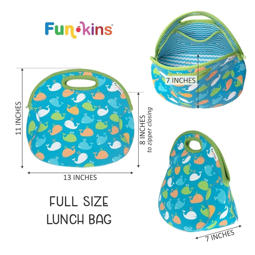 Blue fabric lunch bag with lime-green zipper and handle, featuring The Very Hungry Caterpillar berry print.