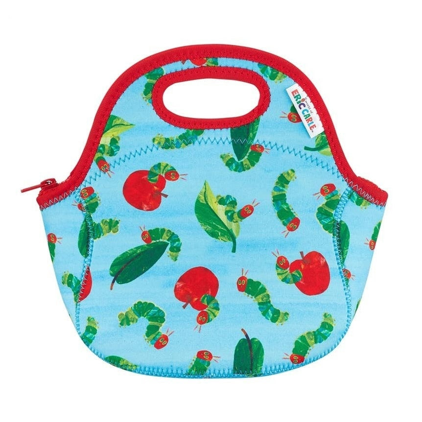 Blue neoprene lunch bag with red zipper and trim, featuring The Very Hungry Caterpillar caterpillars and red apples.