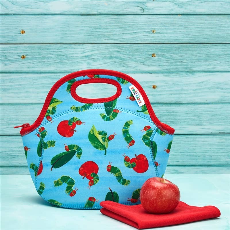 Blue fabric lunch bag with red trim and handle, printed with The Very Hungry Caterpillar caterpillars and apples.