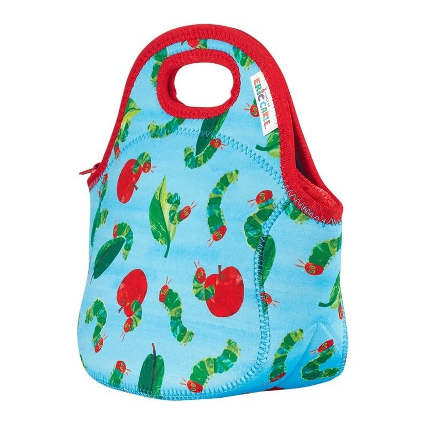Light blue insulated lunch bag with red trim and handle, featuring caterpillars and leaves from Very Hungry Caterpillar