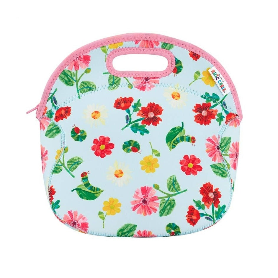 Light-blue lunch bag with pink trim and handle, floral garden print inspired by The Very Hungry Caterpillar.