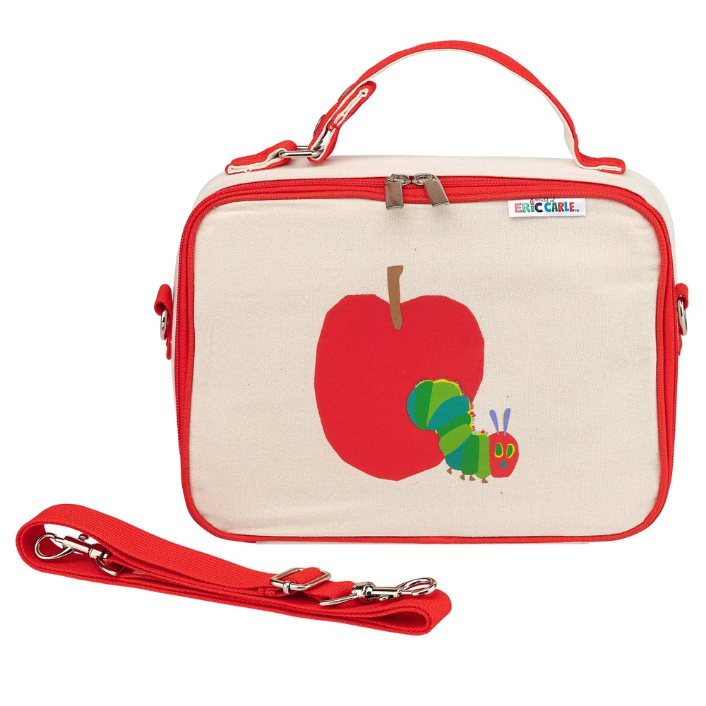 FUNKINS The Very Hungry Caterpillar Lunch Bag Classic, beige canvas with red trim, top handle attached and red detachable shoulder strap beside.