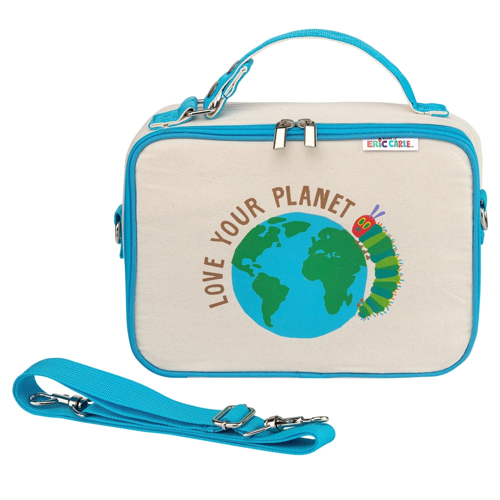 FUNKINS The Very Hungry Caterpillar Lunch Bag Classic in beige with blue trim; strap attached and spare blue strap nearby.