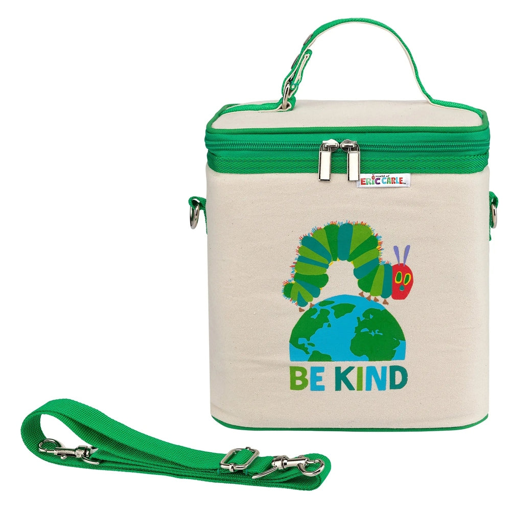FUNKINS The Very Hungry Caterpillar Lunch Bag Tall beige canvas with green zipper and strap; caterpillar globe graphic.