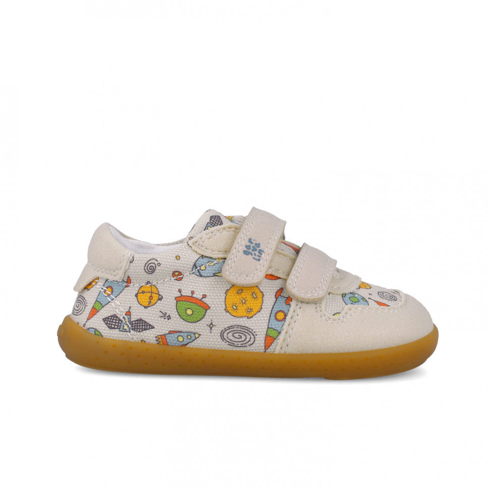 Garvalin Barefoot children's canvas sneakers beige with space-print, two Velcro straps, mustard sole