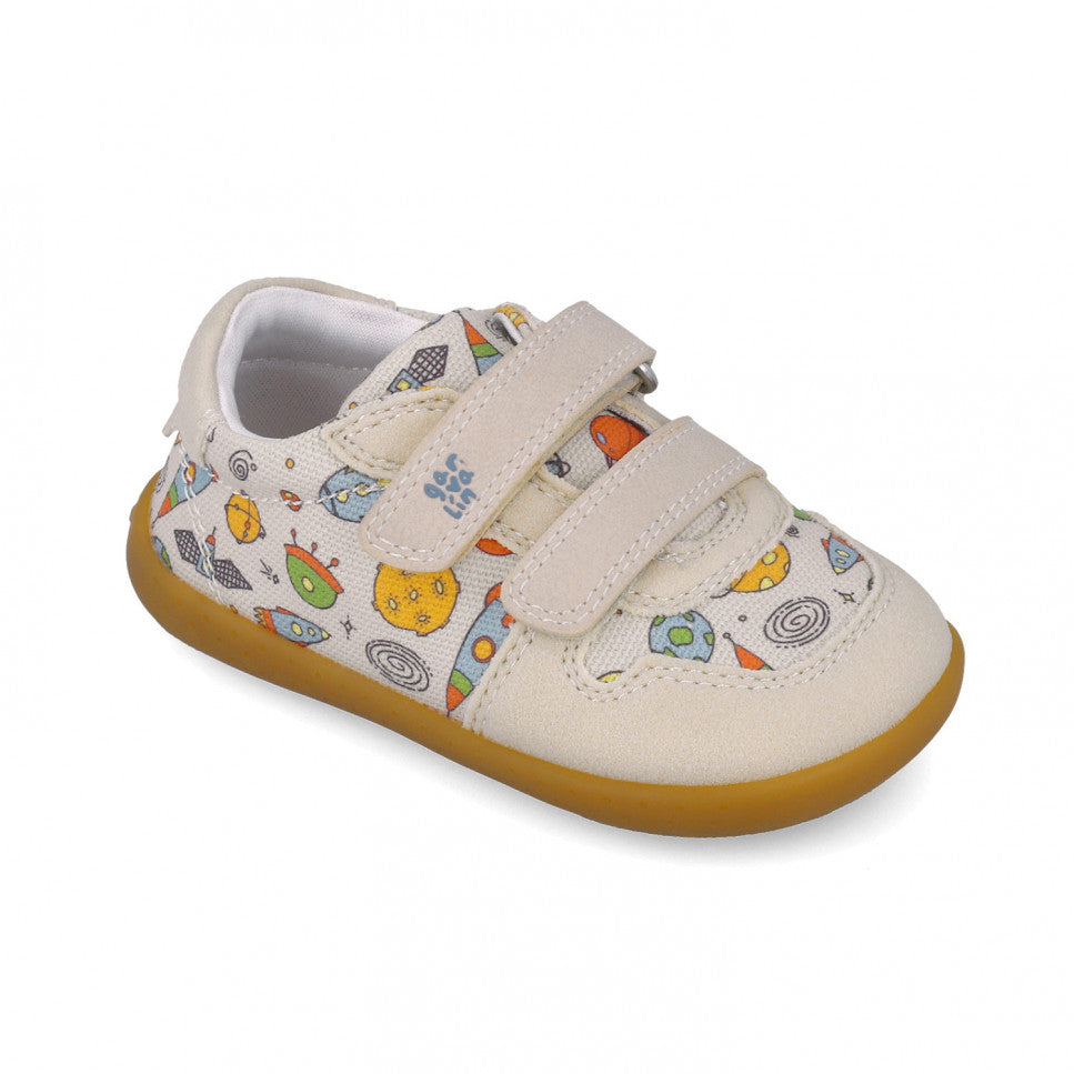 Garvalin barefoot children's beige canvas sneakers with a colorful space pattern, two Velcro straps, gum sole