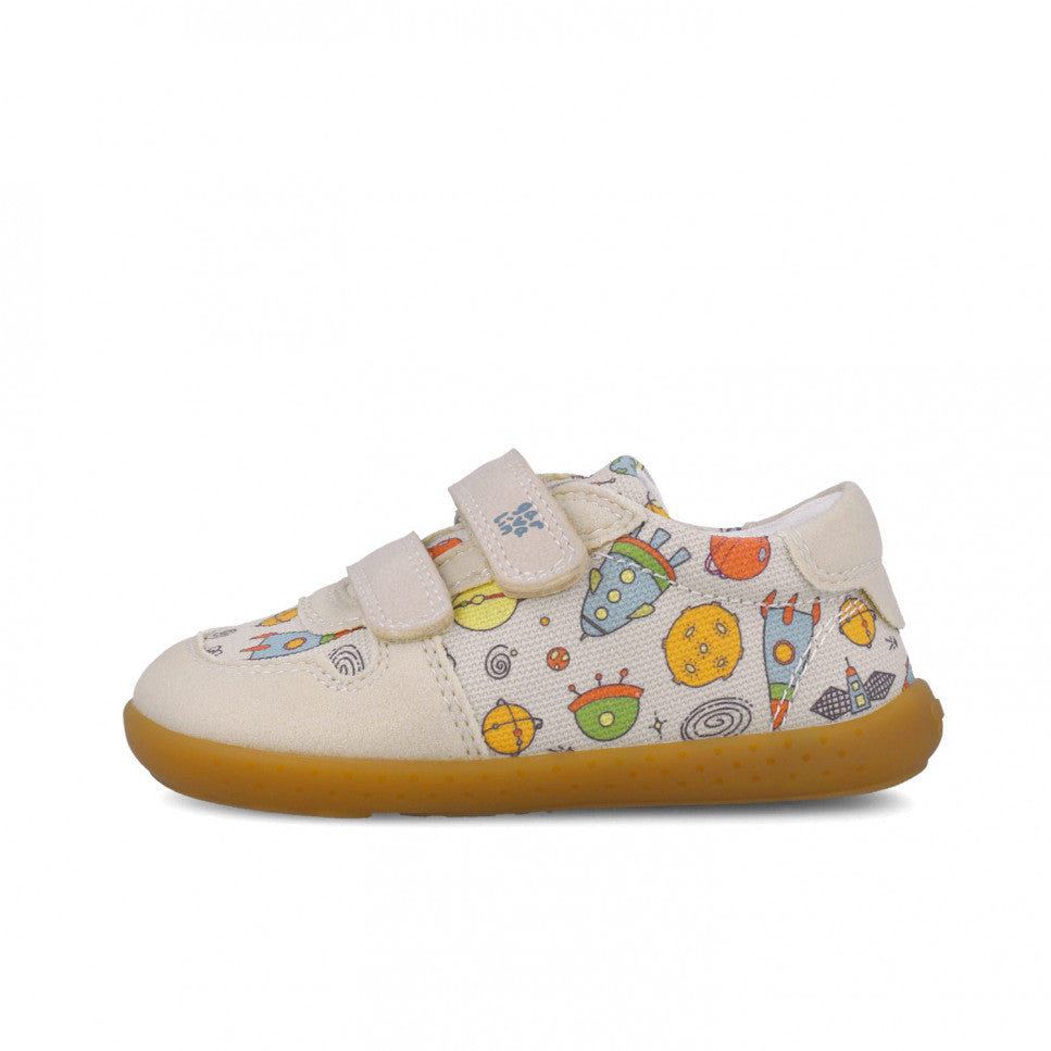 Garvalin barefoot children's canvas sneakers in beige with a colorful space print and gum sole