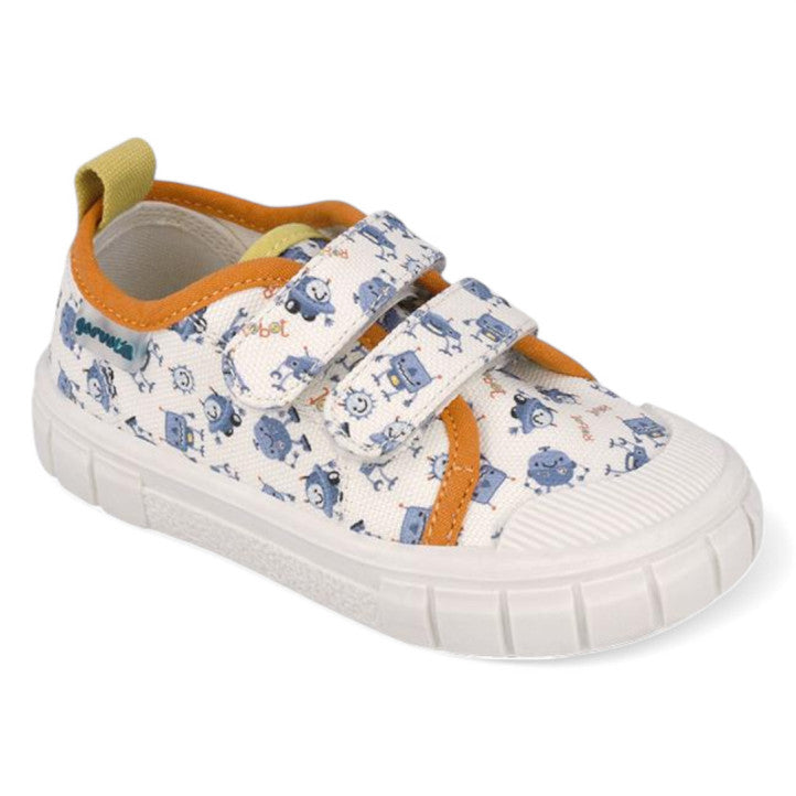 Garvalin Barefoot Children Canvas Sneakers Blanco White with orange trim, Velcro straps securing snug fit.