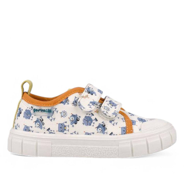 Garvalin Barefoot Children Canvas Sneakers Blanco White; white canvas with blue prints, orange trim, two Velcro straps fastened.