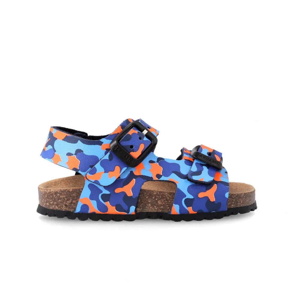 Garvalin Bio Sandals For Boy Azul in blue-orange camo with cork footbed; two adjustable straps buckled.