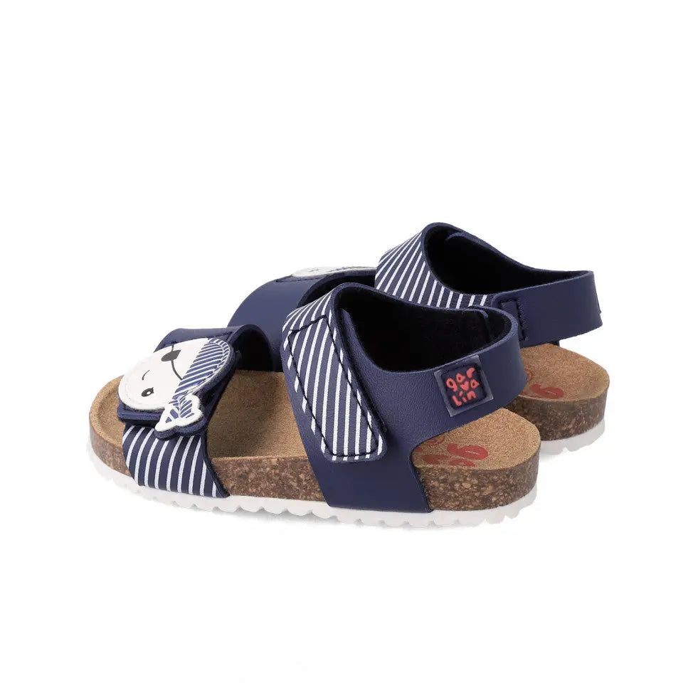 Garvalin Bio Sandals For Childrens Azul Marino with cork footbed and striped navy straps secured by Velcro.