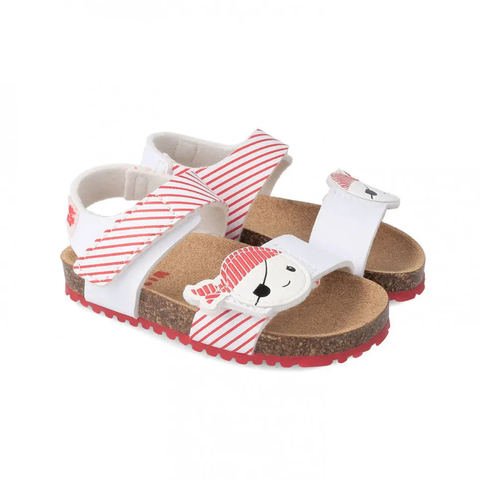 Garvalin Bio Sandals For Childrens Blanco, white/red striped straps with bear graphic, cork footbed, red outsole.