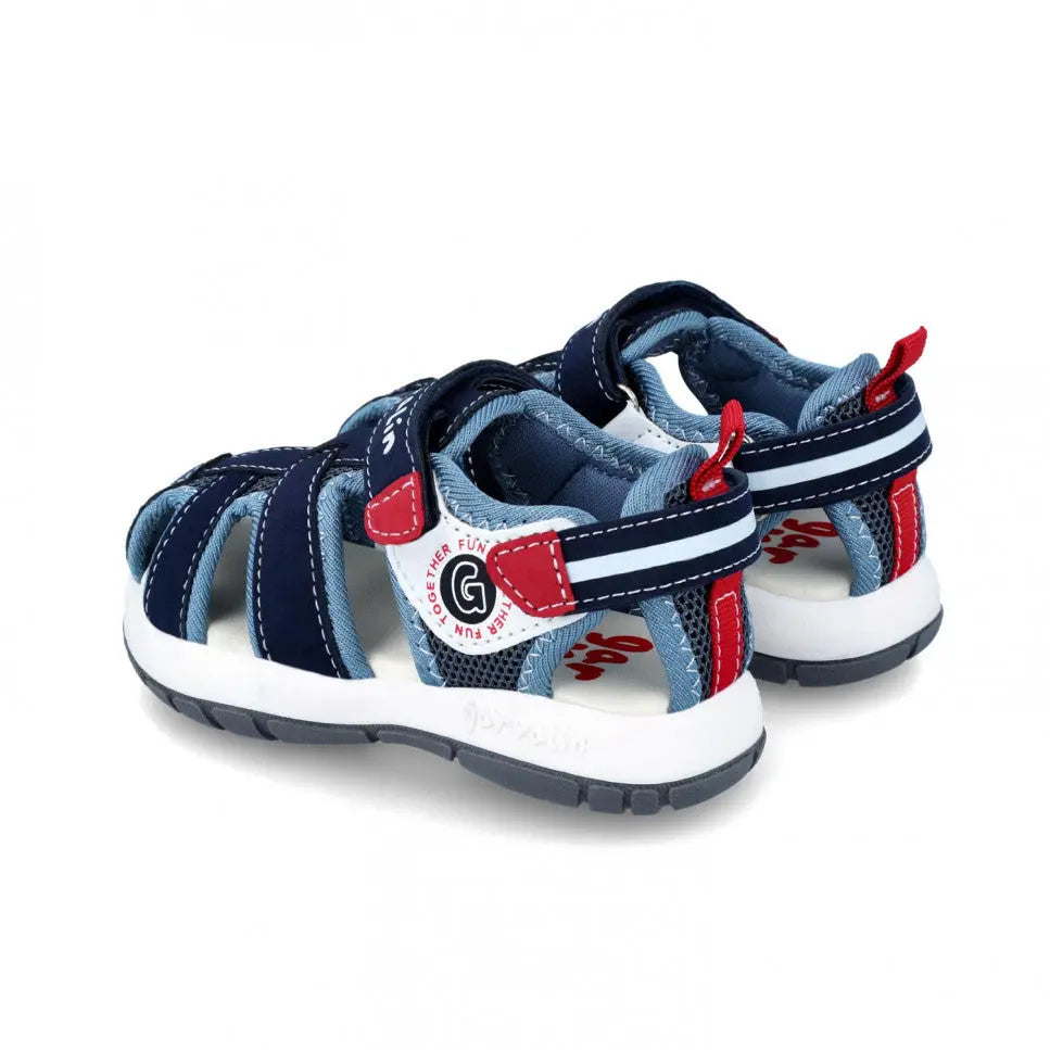 Garvalin Children Sandals Navy Blue with red accents; pair shows adjustable Velcro straps securing feet.