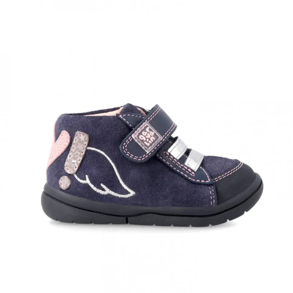 Garvalin Kids Leather Booties Navy Blue with pink stitching, Velcro straps fastened, wing embroidery.