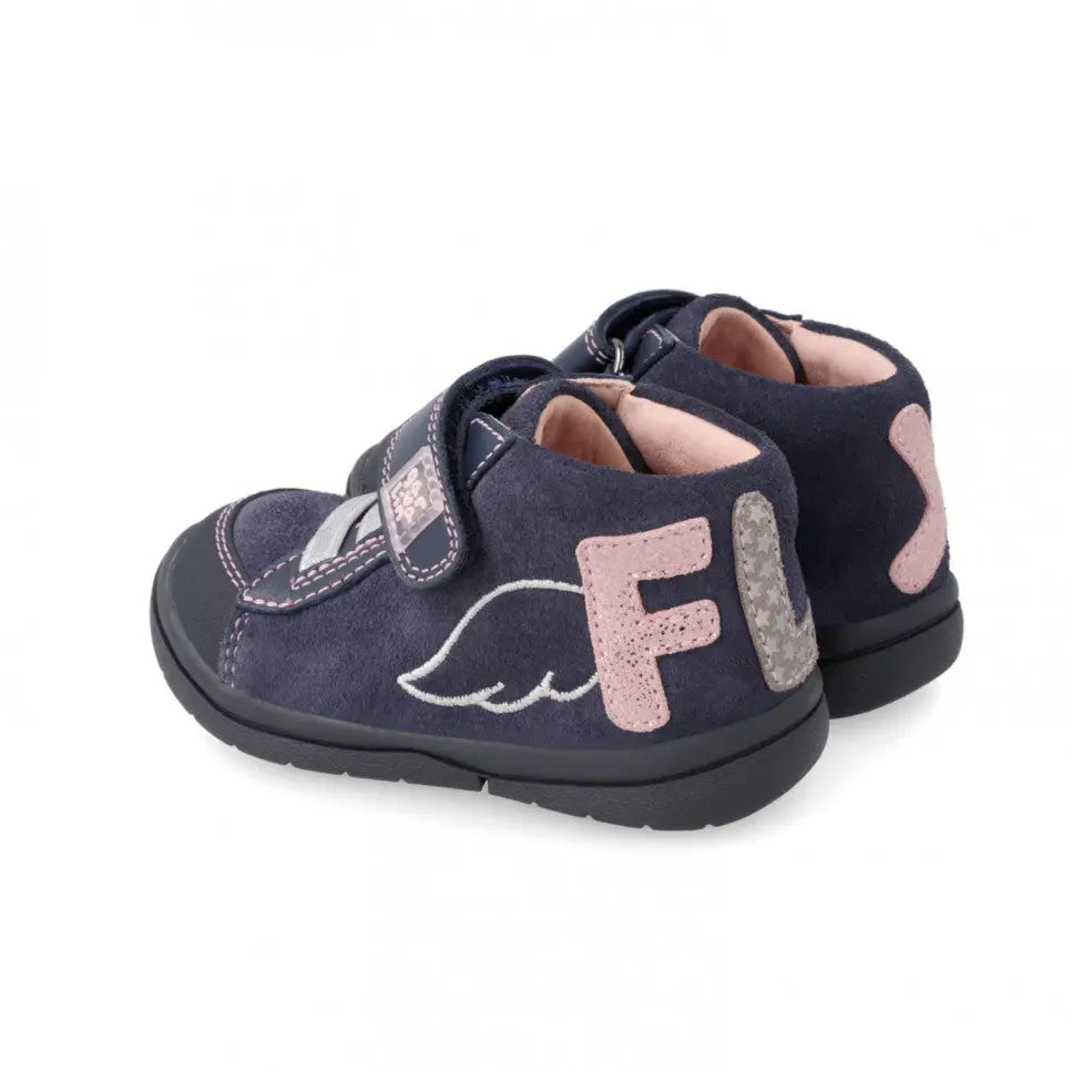 Garvalin Kids Leather Booties Navy Blue with pink patches and Velcro strap, featuring wing embroidery on the side.