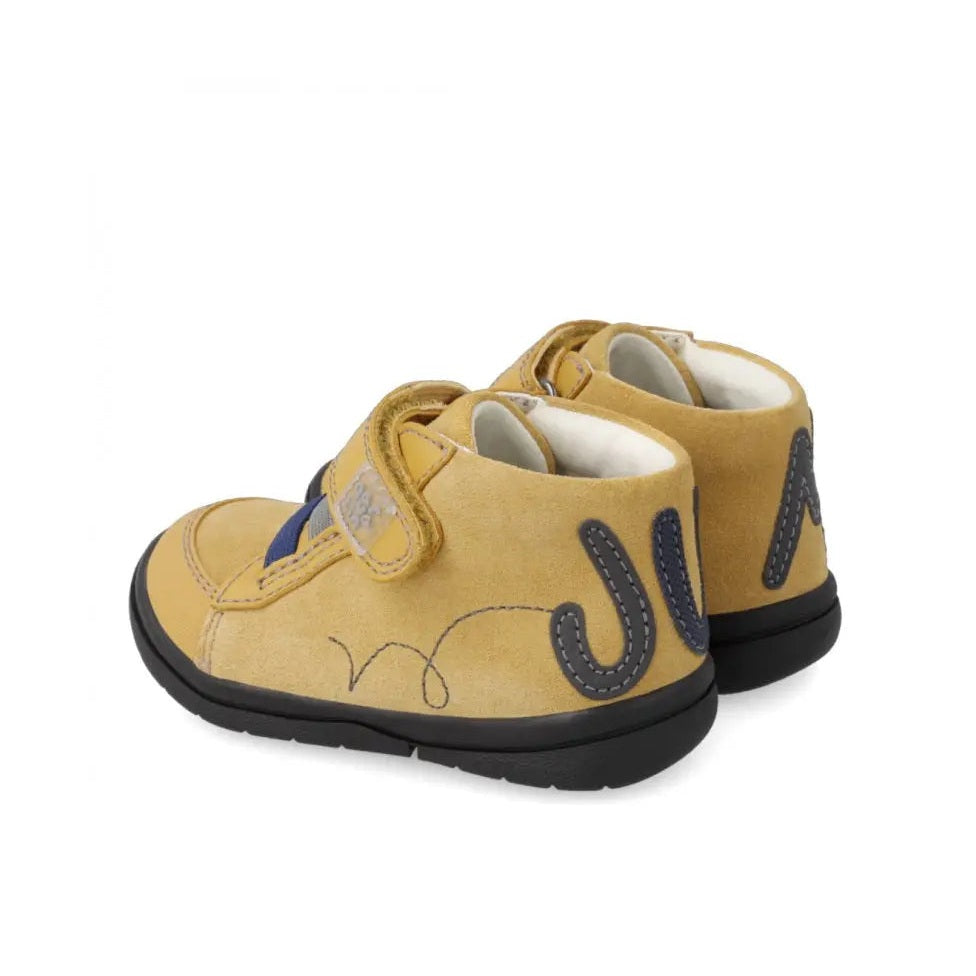 Garvalin Leather Booties for babies in mustard yellow with navy stitching and Velcro straps, pair