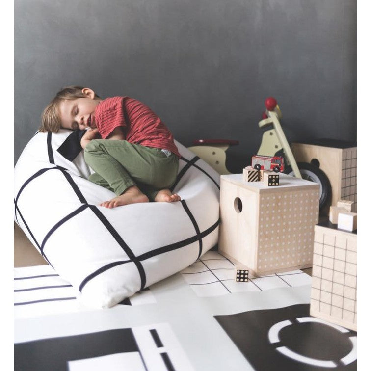 Gautier Studio Fiesta bean bag chair, white with black grid pattern, cozy kid seating