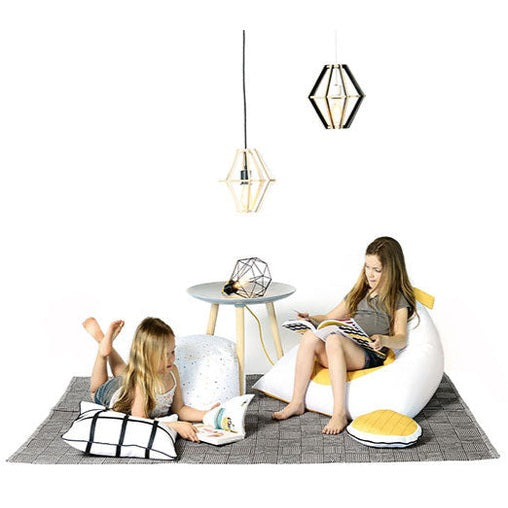 Gautier Studio Fiesta bean bag chair, white with yellow accents, one comfy kids' seating chair in a cozy space
