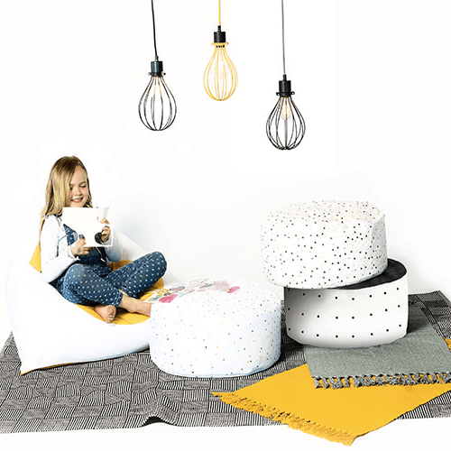 Gautier Studio Fiesta bean bag chair in white speckled fabric with matching poufs for a cozy lounge