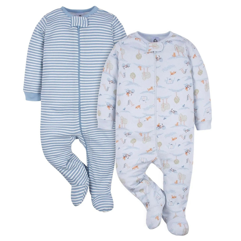 Gerber Baby Boy Puppy Playground Blue two-sleeper set: blue striped footed sleeper and playground-print sleeper.