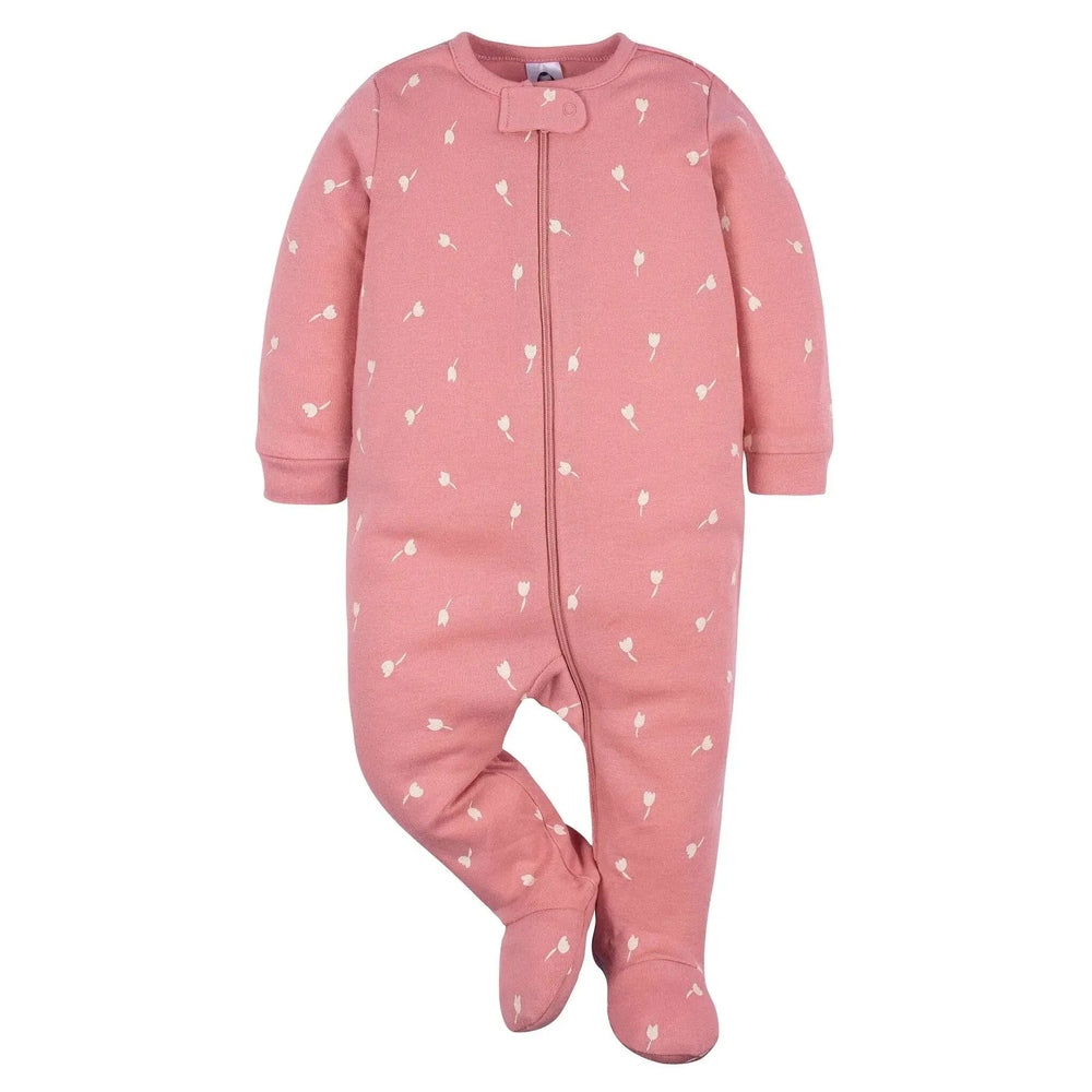 Gerber Sleep N Play Appley Sweet/Pink baby onesie with white leaf print, zipper front and footed design.