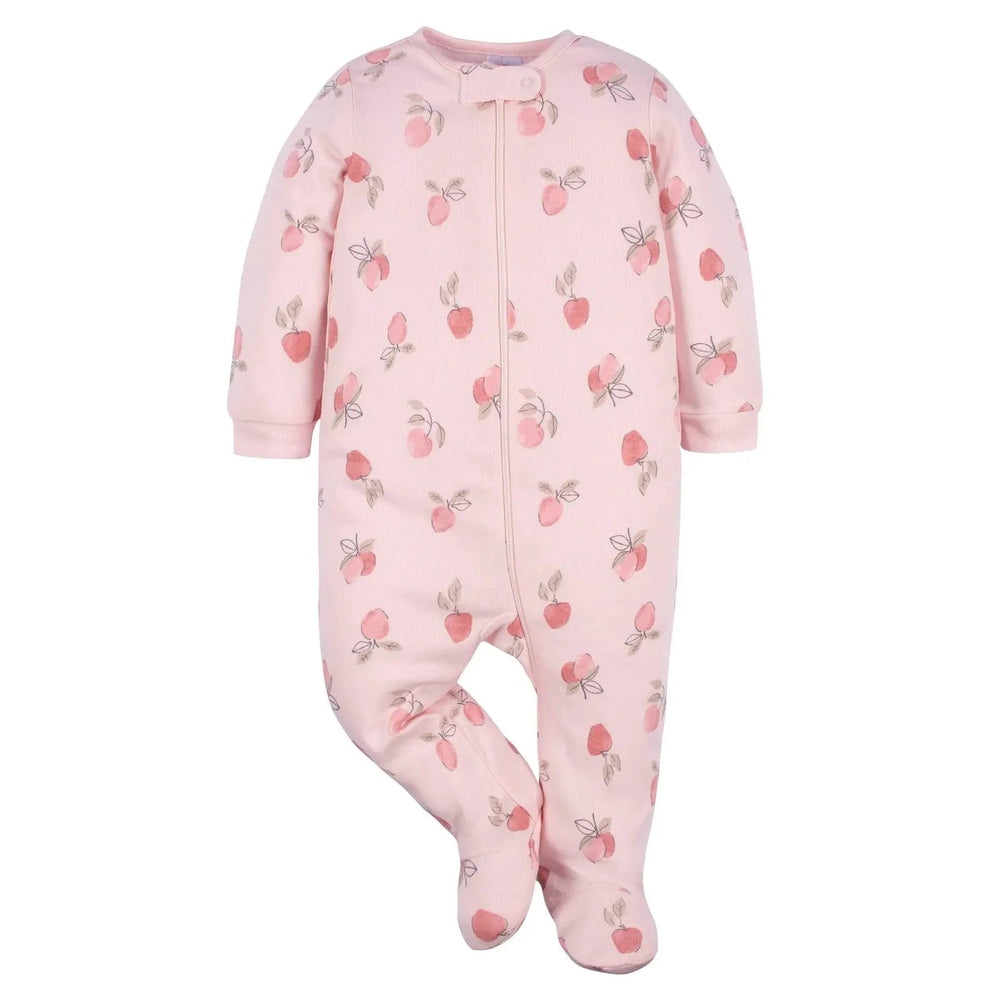 Gerber Sleep 'N Play Appley Sweet/Pink footed sleepsuit with pink apple print, zipper front worn by a baby.